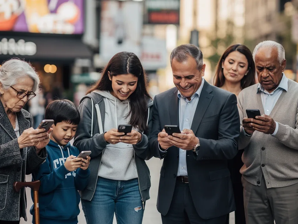 Diverse people reacting to internet memes on smartphones