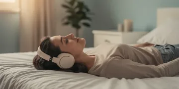 Person practicing non-sleep deep rest, headphones, tranquil setting