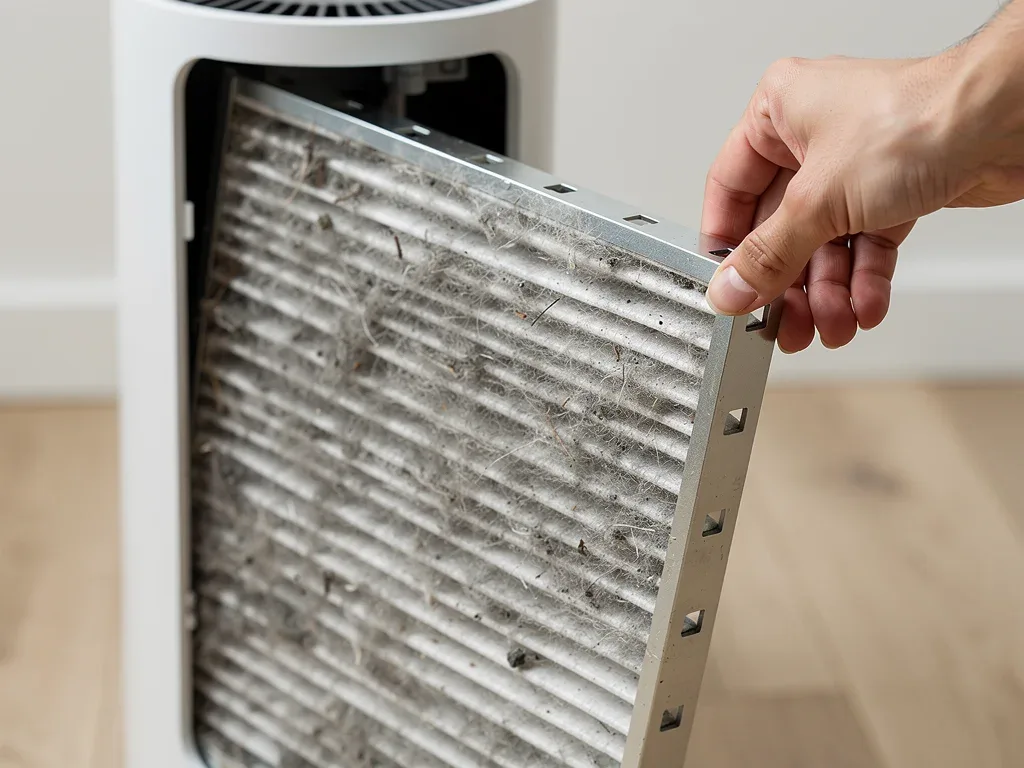 Hand removing a dirty, clogged HEPA filter from an air purifier