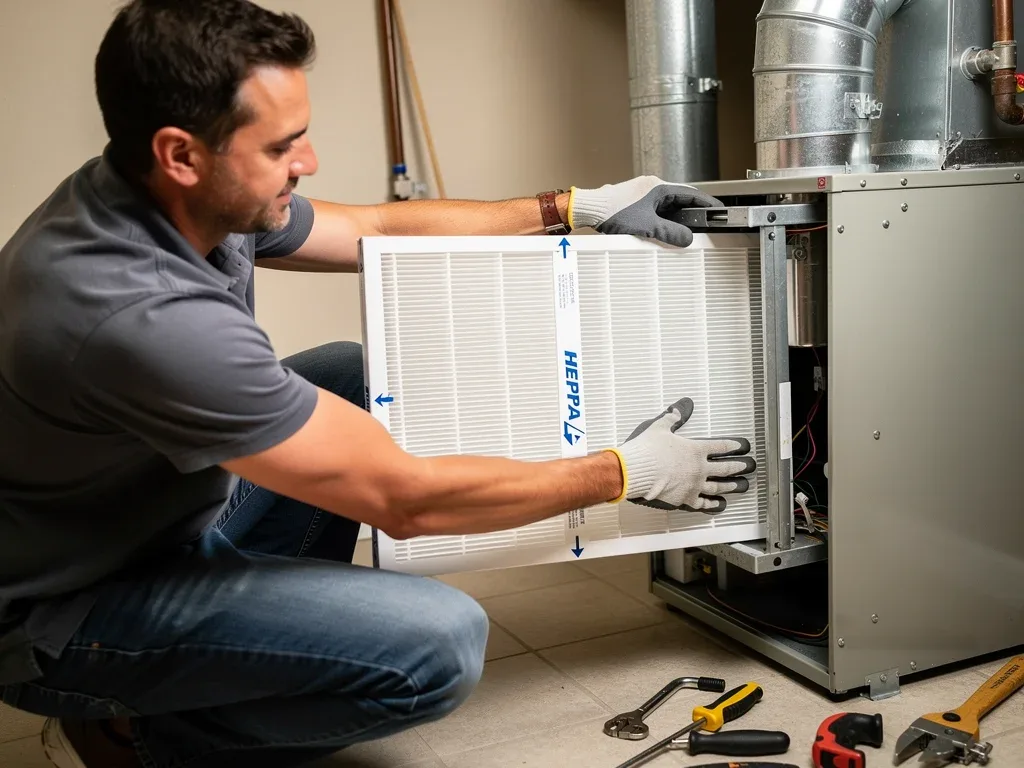 Person installing a new HEPA filter into a home HVAC system
